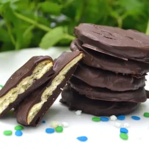 Close-up of mint cookie coated in chocolate